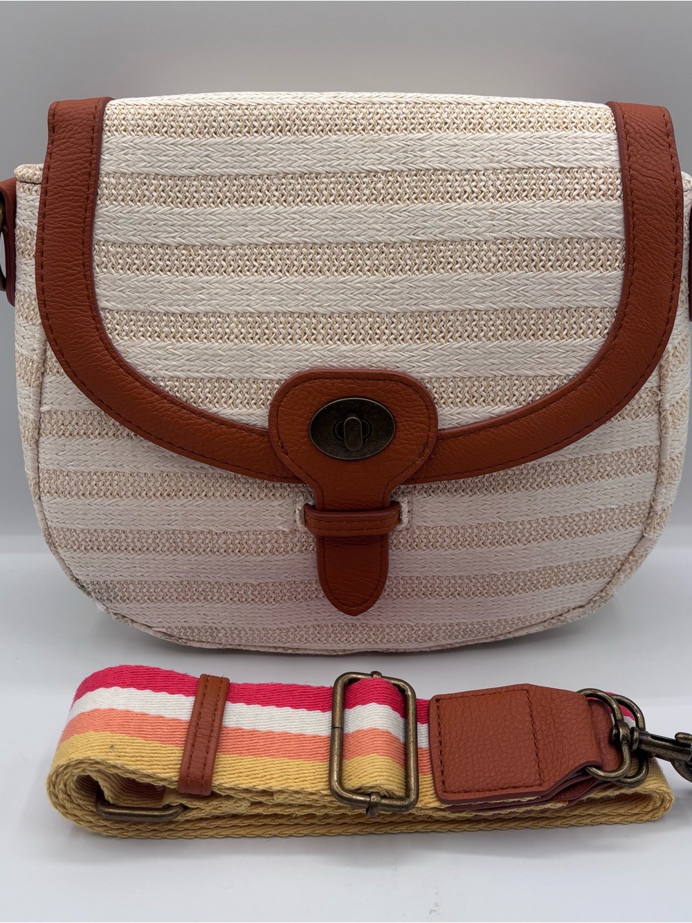 Tan & Cream Crossbody Bag with Striped Adjustable Strap